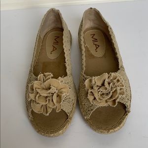 MIA Khaki Crocheted Open Toe Shoe w/ Flower